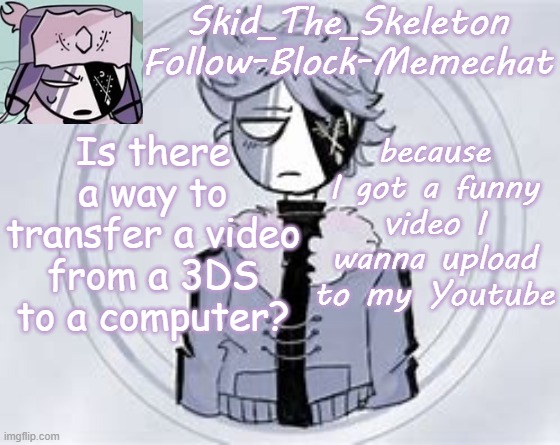 E | Is there a way to transfer a video from a 3DS to a computer? because I got a funny video I wanna upload to my Youtube | image tagged in skid's ruvyzat temp | made w/ Imgflip meme maker
