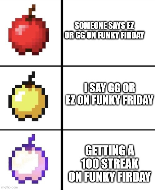 Funky | SOMEONE SAYS EZ OR GG ON FUNKY FIRDAY; I SAY GG OR EZ ON FUNKY FRIDAY; GETTING A 100 STREAK ON FUNKY FIRDAY | image tagged in minecraft apple format | made w/ Imgflip meme maker