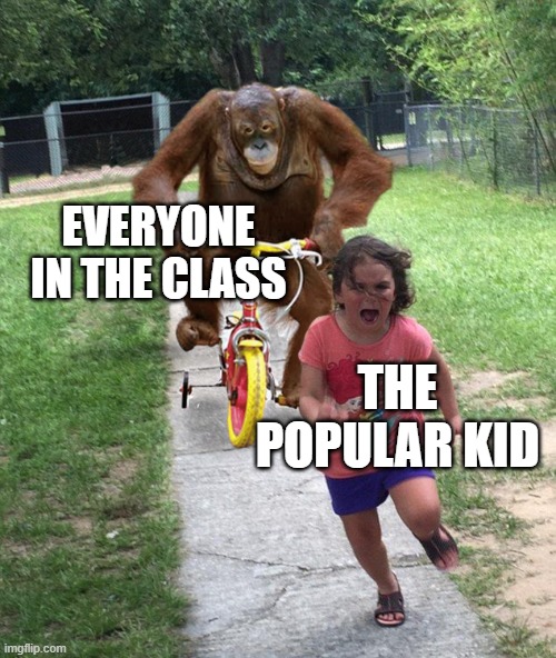 Orangutan chasing girl on a tricycle | EVERYONE IN THE CLASS; THE POPULAR KID | image tagged in orangutan chasing girl on a tricycle | made w/ Imgflip meme maker