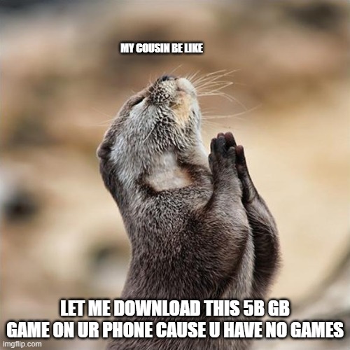 my cousin be like | MY COUSIN BE LIKE; LET ME DOWNLOAD THIS 5B GB GAME ON UR PHONE CAUSE U HAVE NO GAMES | image tagged in praying otter | made w/ Imgflip meme maker