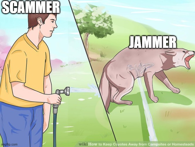 WikiHow Spraying the Dog | SCAMMER; JAMMER | image tagged in wikihow spraying the dog | made w/ Imgflip meme maker