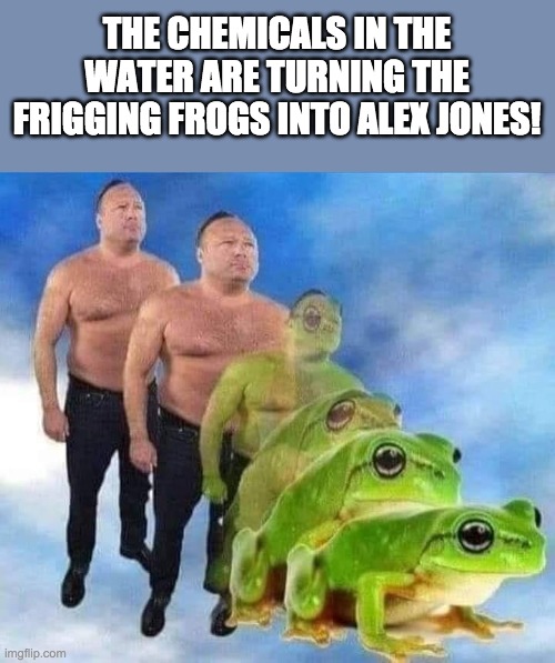 Random image I have saved in my downloads | THE CHEMICALS IN THE WATER ARE TURNING THE FRIGGING FROGS INTO ALEX JONES! | image tagged in alex jones,funny,memes,frog | made w/ Imgflip meme maker