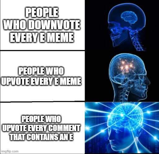 Galaxy Brain (3 brains) | PEOPLE WHO DOWNVOTE EVERY E MEME; PEOPLE WHO UPVOTE EVERY E MEME; PEOPLE WHO UPVOTE EVERY COMMENT THAT CONTAINS AN E | image tagged in galaxy brain 3 brains | made w/ Imgflip meme maker