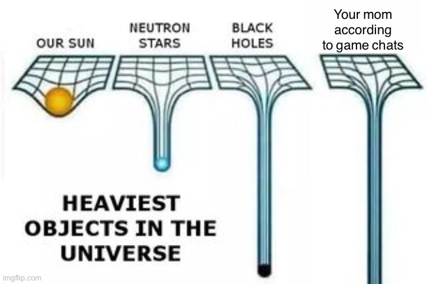 Heaviest objects in the universe | Your mom according to game chats | image tagged in heaviest objects | made w/ Imgflip meme maker