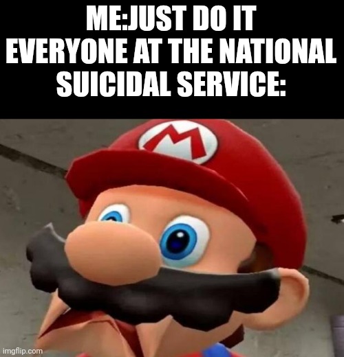 Oh no | ME:JUST DO IT
EVERYONE AT THE NATIONAL SUICIDAL SERVICE: | image tagged in mario wtf | made w/ Imgflip meme maker
