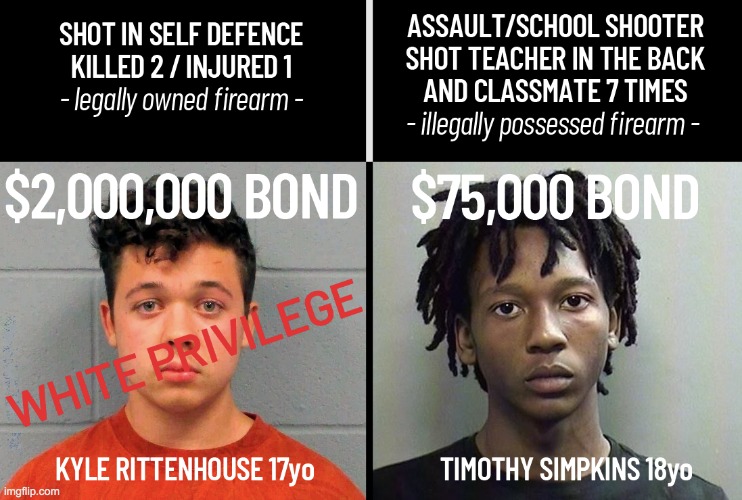 White Privilege | image tagged in kyle rittenhouse,timothy simpkins,self defense,school shooter | made w/ Imgflip meme maker