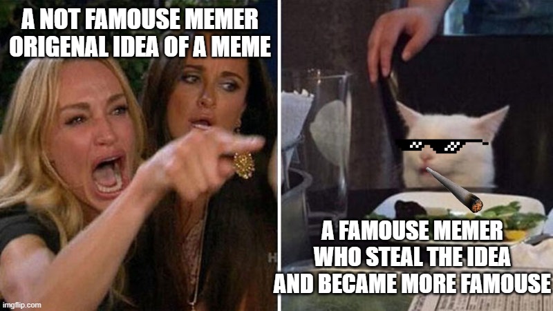 this is my original idea however |  A NOT FAMOUSE MEMER ORIGENAL IDEA OF A MEME; A FAMOUSE MEMER WHO STEAL THE IDEA AND BECAME MORE FAMOUSE | image tagged in woman yelling at white cat | made w/ Imgflip meme maker