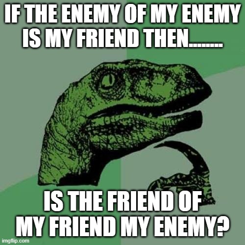 Philosoraptor | IF THE ENEMY OF MY ENEMY IS MY FRIEND THEN........ IS THE FRIEND OF MY FRIEND MY ENEMY? | image tagged in memes,philosoraptor | made w/ Imgflip meme maker