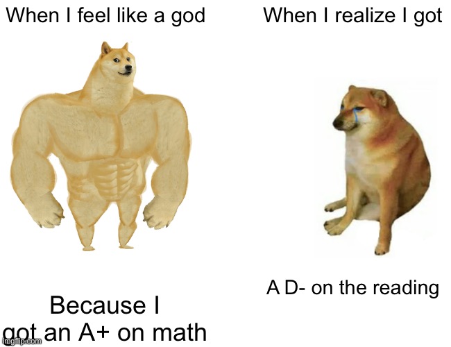 Grades | When I feel like a god; When I realize I got; A D- on the reading; Because I got an A+ on math | image tagged in memes,buff doge vs cheems | made w/ Imgflip meme maker