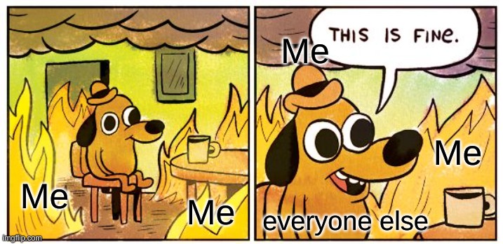 :P | Me; Me; Me; Me; everyone else | image tagged in memes,this is fine | made w/ Imgflip meme maker