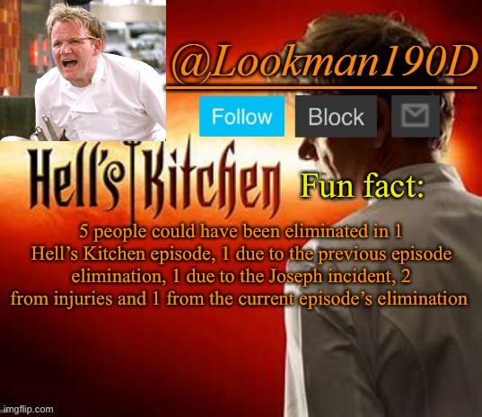 Lookman190D Hell’s Kitchen announcement template by Uno_Official | Fun fact:; 5 people could have been eliminated in 1 Hell’s Kitchen episode, 1 due to the previous episode elimination, 1 due to the Joseph incident, 2 from injuries and 1 from the current episode’s elimination | image tagged in lookman190d hell s kitchen announcement template by uno_official | made w/ Imgflip meme maker