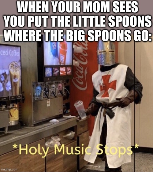 everytime | WHEN YOUR MOM SEES YOU PUT THE LITTLE SPOONS WHERE THE BIG SPOONS GO: | image tagged in holy music stops | made w/ Imgflip meme maker