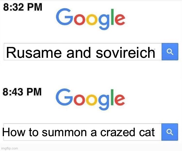 This is me | Rusame and sovireich; How to summon a crazed cat | image tagged in google 11 minutes later | made w/ Imgflip meme maker
