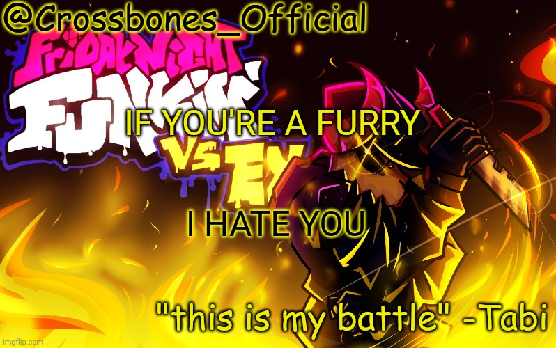 Joke | IF YOU'RE A FURRY; I HATE YOU | image tagged in crossbones_official tabi temp | made w/ Imgflip meme maker