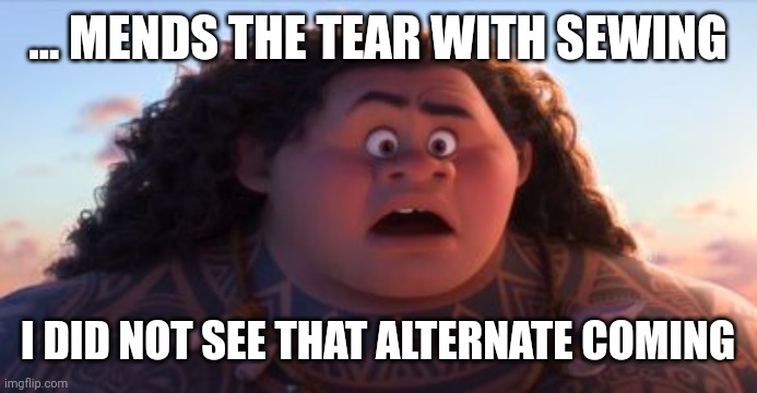 Did not see that coming - Maui | ... MENDS THE TEAR WITH SEWING I DID NOT SEE THAT ALTERNATE COMING | image tagged in did not see that coming - maui | made w/ Imgflip meme maker