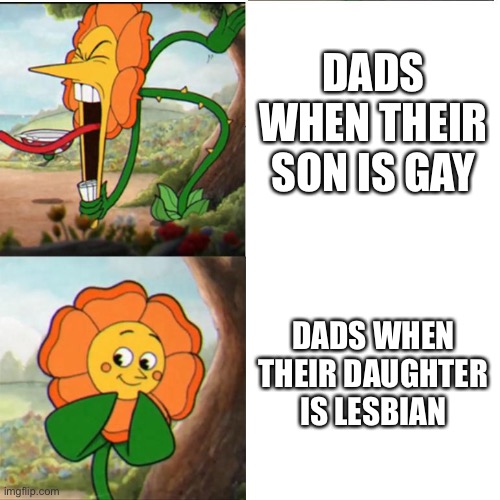 Yup | DADS WHEN THEIR SON IS GAY; DADS WHEN THEIR DAUGHTER IS LESBIAN | image tagged in cuphead flower | made w/ Imgflip meme maker