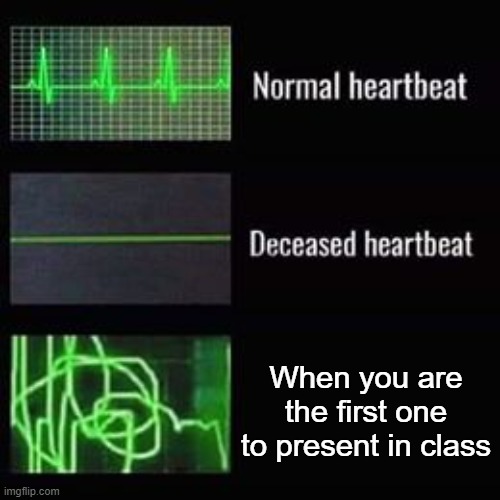 heartbeat rate | When you are the first one to present in class | image tagged in heartbeat rate | made w/ Imgflip meme maker