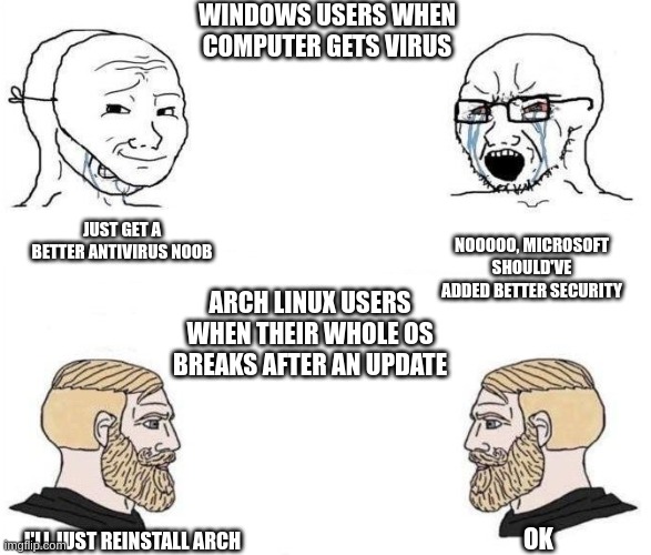 arch vs windows | WINDOWS USERS WHEN COMPUTER GETS VIRUS; NOOOOO, MICROSOFT SHOULD'VE ADDED BETTER SECURITY; JUST GET A BETTER ANTIVIRUS NOOB; ARCH LINUX USERS WHEN THEIR WHOLE OS BREAKS AFTER AN UPDATE; OK; I'LL JUST REINSTALL ARCH | image tagged in virgin vs chad hd,linux | made w/ Imgflip meme maker