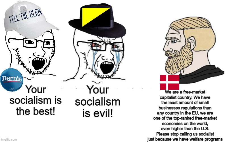 Bernie voter and libertarian/ancap neckbeard vs Denmark | We are a free-market capitalist country. We have the least amount of small businesses regulations than any country in the EU, we are one of the top-ranked free-market economies on the world, even higher than the U.S. Please stop calling us socialist just because we have welfare programs; Your socialism is evil! Your socialism is the best! | image tagged in soyboy vs yes chad,liberal logic,conservative logic,socialist,bernie sanders,neckbeard libertarian | made w/ Imgflip meme maker