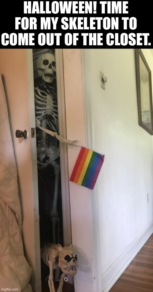 Gay skeleton | HALLOWEEN! TIME FOR MY SKELETON TO COME OUT OF THE CLOSET. | image tagged in gay,pride,halloween,skeleton | made w/ Imgflip meme maker