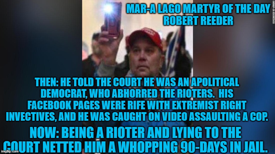 Wanting "POS Liberals" "to die," is not apolitical?  Who knew? | MAR-A LAGO MARTYR OF THE DAY
ROBERT REEDER; THEN: HE TOLD THE COURT HE WAS AN APOLITICAL DEMOCRAT, WHO ABHORRED THE RIOTERS.  HIS FACEBOOK PAGES WERE RIFE WITH EXTREMIST RIGHT INVECTIVES, AND HE WAS CAUGHT ON VIDEO ASSAULTING A COP. NOW: BEING A RIOTER AND LYING TO THE COURT NETTED HIM A WHOPPING 90-DAYS IN JAIL. | image tagged in politics | made w/ Imgflip meme maker