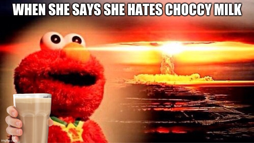 no one hates on my choccy milk | WHEN SHE SAYS SHE HATES CHOCCY MILK | image tagged in elmo nuclear explosion | made w/ Imgflip meme maker