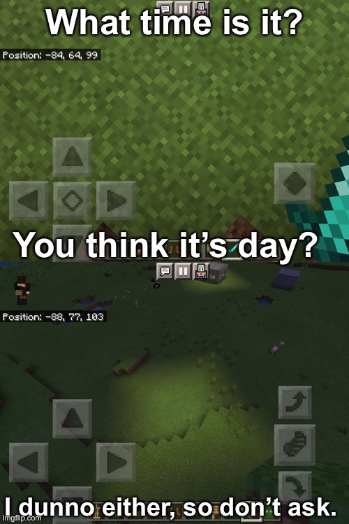 This is relatable for pocket edition players | What time is it? You think it’s day? I dunno either, so don’t ask. | image tagged in lol,minecraft,funny,memes,light,relatable | made w/ Imgflip meme maker