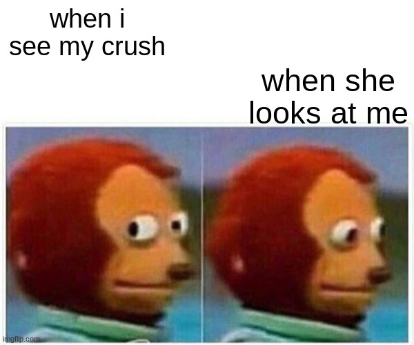 Monkey Puppet | when i see my crush; when she looks at me | image tagged in memes,monkey puppet | made w/ Imgflip meme maker