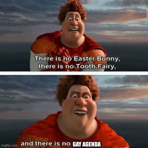 TIGHTEN MEGAMIND "THERE IS NO EASTER BUNNY" | GAY AGENDA | image tagged in tighten megamind there is no easter bunny | made w/ Imgflip meme maker