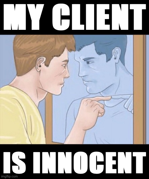 check yourself depressed guy pointing at himself mirror | MY CLIENT IS INNOCENT | image tagged in check yourself depressed guy pointing at himself mirror | made w/ Imgflip meme maker
