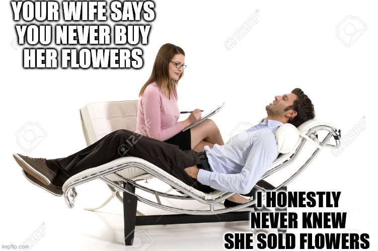 Therapist | YOUR WIFE SAYS 
YOU NEVER BUY 
HER FLOWERS; I HONESTLY NEVER KNEW SHE SOLD FLOWERS | image tagged in therapist,wife flowers | made w/ Imgflip meme maker