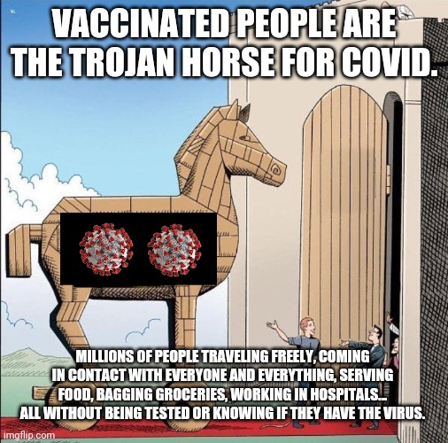 Vaccinated are super spreaders. | VACCINATED PEOPLE ARE THE TROJAN HORSE FOR COVID. MILLIONS OF PEOPLE TRAVELING FREELY, COMING IN CONTACT WITH EVERYONE AND EVERYTHING, SERVING FOOD, BAGGING GROCERIES, WORKING IN HOSPITALS... ALL WITHOUT BEING TESTED OR KNOWING IF THEY HAVE THE VIRUS. | image tagged in trojan horse | made w/ Imgflip meme maker