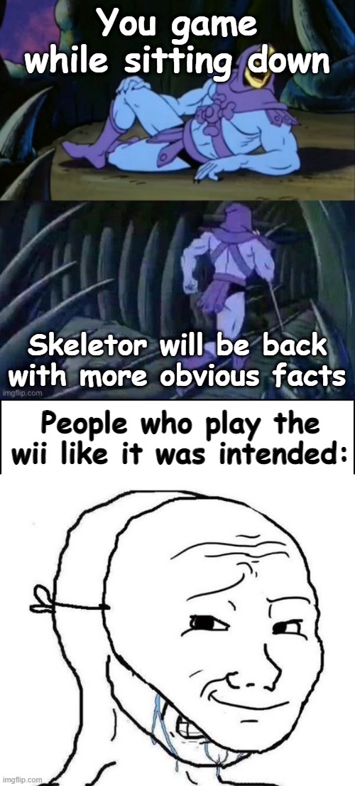 TAKE THAT, SKELETOR! | You game while sitting down; Skeletor will be back with more obvious facts; People who play the wii like it was intended: | image tagged in skeletor disturbing facts,crying troll face behind a mask,wii,wii sports | made w/ Imgflip meme maker