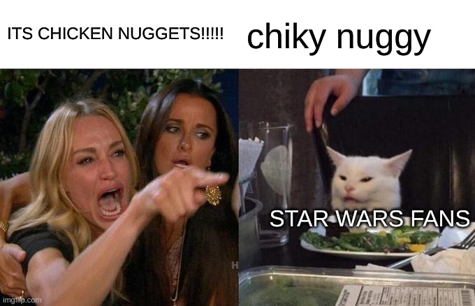 m a n d a l o r i a n | ITS CHICKEN NUGGETS!!!!! chiky nuggy; STAR WARS FANS | image tagged in memes,woman yelling at cat | made w/ Imgflip meme maker