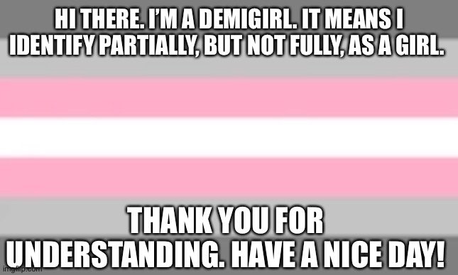 HI THERE. I’M A DEMIGIRL. IT MEANS I IDENTIFY PARTIALLY, BUT NOT FULLY, AS A GIRL. THANK YOU FOR UNDERSTANDING. HAVE A NICE DAY! | made w/ Imgflip meme maker