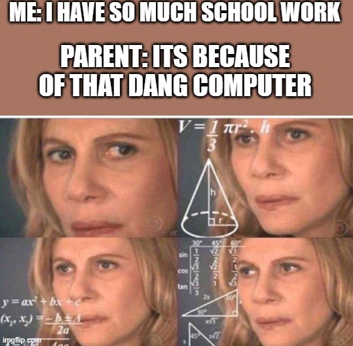 Excuse me what | ME: I HAVE SO MUCH SCHOOL WORK; PARENT: ITS BECAUSE OF THAT DANG COMPUTER | image tagged in math lady/confused lady,excuse me what the heck | made w/ Imgflip meme maker