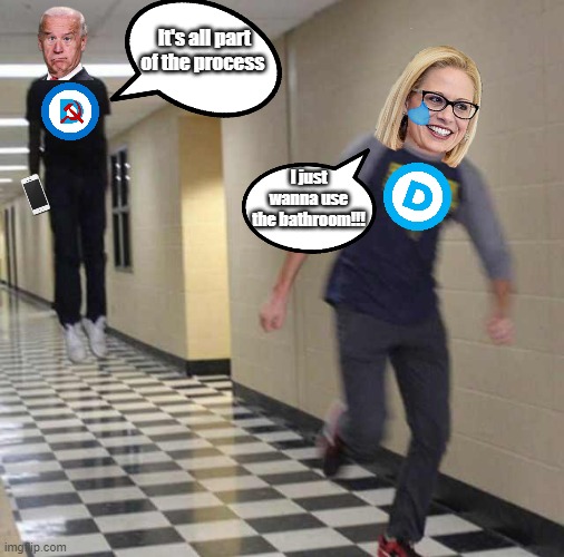 floating boy chasing running boy | It's all part of the process; I just wanna use the bathroom!!! | image tagged in floating boy chasing running boy,kyrsten sinema,creepy joe biden | made w/ Imgflip meme maker