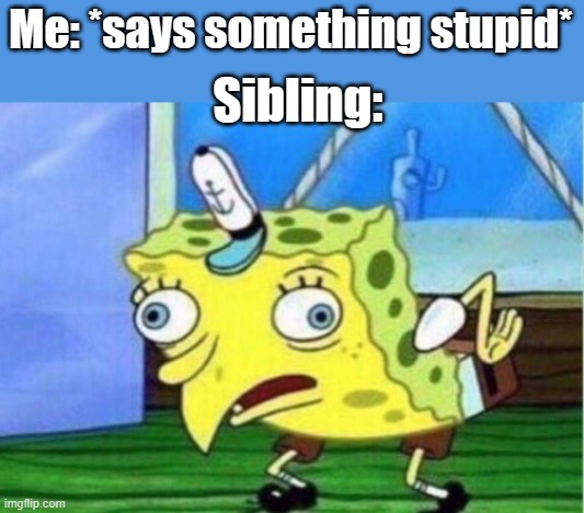 Mocking Spongebob Meme | Me: *says something stupid*; Sibling: | image tagged in memes,mocking spongebob,siblings,why am i doing this | made w/ Imgflip meme maker