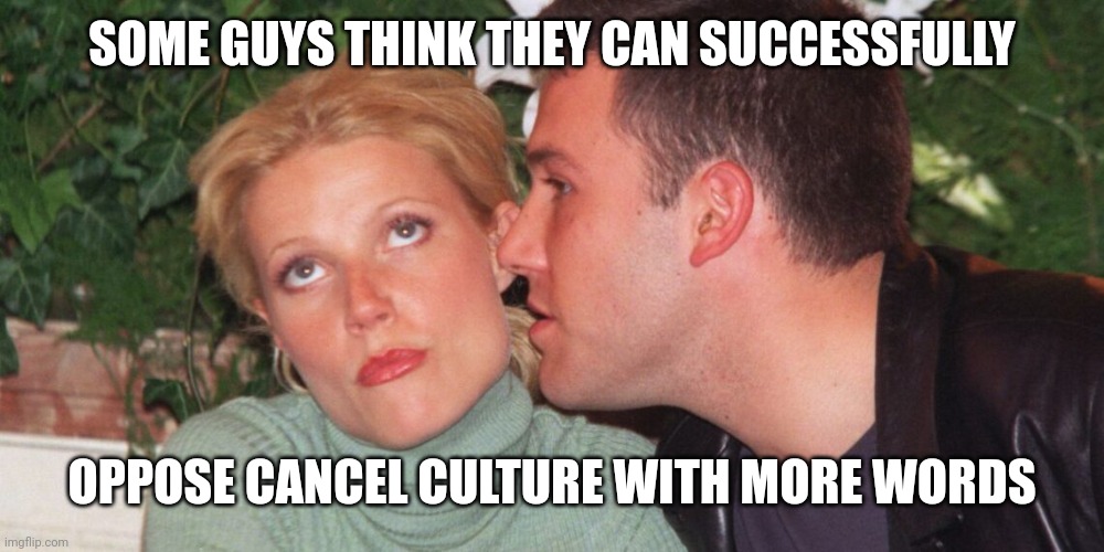 Gwyneth Paltrow eye-roll | SOME GUYS THINK THEY CAN SUCCESSFULLY OPPOSE CANCEL CULTURE WITH MORE WORDS | image tagged in gwyneth paltrow eye-roll | made w/ Imgflip meme maker