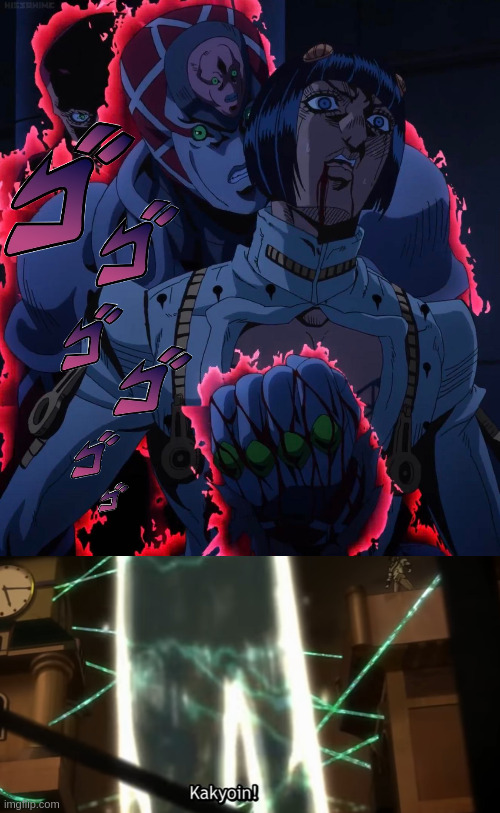 Is this a reference to me, KakyoinNoriaki (seriously, poor cherryboi)? | image tagged in king crimson and bruno,kakyoin's death,donuted,gangstablook was here | made w/ Imgflip meme maker