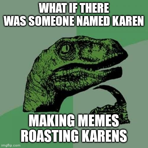 It's crazy to think about | WHAT IF THERE WAS SOMEONE NAMED KAREN; MAKING MEMES ROASTING KARENS | image tagged in memes,philosoraptor | made w/ Imgflip meme maker