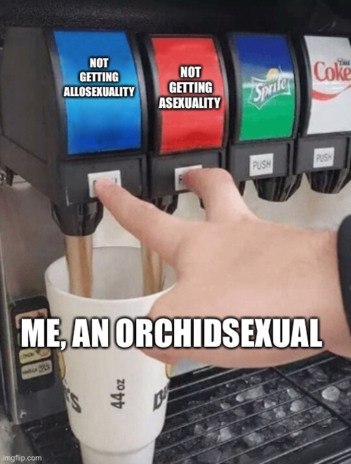 I understand them, though. Also, this was inspired by Pandemisexual_Sponge’s post in the Demi stream | NOT GETTING ASEXUALITY; NOT GETTING ALLOSEXUALITY; ME, AN ORCHIDSEXUAL | image tagged in pushing two soda buttons | made w/ Imgflip meme maker