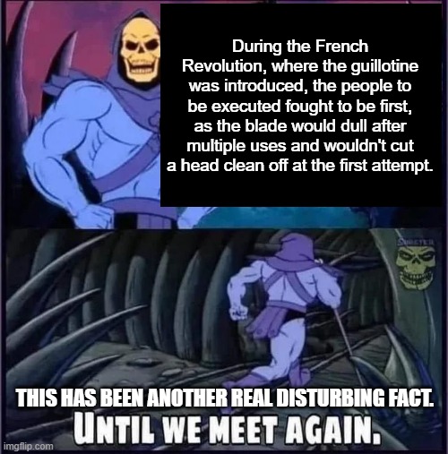 Until we meet again. | During the French Revolution, where the guillotine was introduced, the people to be executed fought to be first, as the blade would dull after multiple uses and wouldn't cut a head clean off at the first attempt. THIS HAS BEEN ANOTHER REAL DISTURBING FACT. | image tagged in until we meet again | made w/ Imgflip meme maker