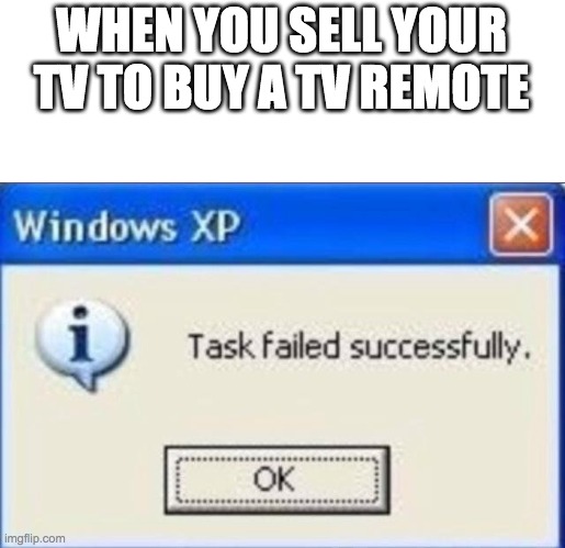 Task failed successfully |  WHEN YOU SELL YOUR TV TO BUY A TV REMOTE | image tagged in task failed successfully | made w/ Imgflip meme maker