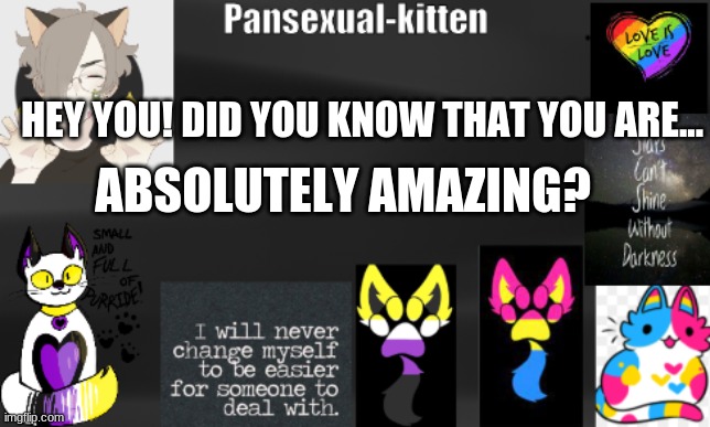 :) | HEY YOU! DID YOU KNOW THAT YOU ARE... ABSOLUTELY AMAZING? | image tagged in -pansexual-kitten- | made w/ Imgflip meme maker