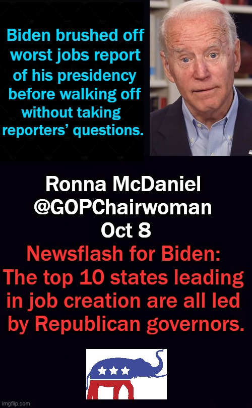 “If this were a football team with this losing record, the coach would be searching for a new job at this point." Rep. Kevin Bra | Biden brushed off 
worst jobs report; of his presidency 

before walking off; without taking 

reporters’ questions. Ronna McDaniel
@GOPChairwoman
 Oct 8; Newsflash for Biden: 
The top 10 states leading 
in job creation are all led 
by Republican governors. | image tagged in politics,joe biden,worst potus ever,ineffective,democrats vs republicans | made w/ Imgflip meme maker