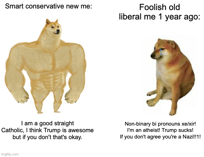 Buff Doge vs. Cheems | Smart conservative new me:; Foolish old liberal me 1 year ago:; I am a good straight Catholic, I think Trump is awesome but if you don't that's okay. Non-binary bi pronouns xe/xir! I'm an atheist! Trump sucks! If you don't agree you're a Nazi!!1! | image tagged in memes,buff doge vs cheems | made w/ Imgflip meme maker