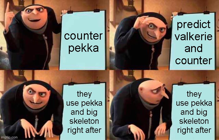 tru story on clash | counter pekka; predict valkerie and counter; they use pekka and big skeleton right after; they use pekka and big skeleton right after | image tagged in memes,gru's plan | made w/ Imgflip meme maker
