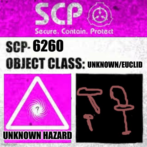 SCP unknown label | UNKNOWN/EUCLID; 6260; UNKNOWN HAZARD | image tagged in scp unknown label | made w/ Imgflip meme maker