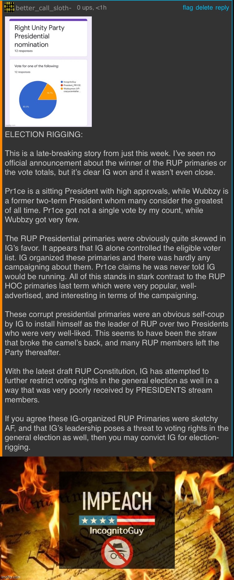 Hot off the presses. Last impeachment count in the trial: election-rigging. | image tagged in rup election rigging,impeach incognitoguy burning constitution,impeach,the,incognito,guy | made w/ Imgflip meme maker